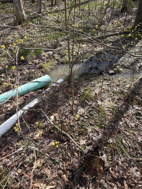 Responded to sump pump alarm condition at residential property. Upon arrival, inspected sump pump discharge system and identified issues with exterior discharge line routing through wooded area. Discharge piping was found displaced and improperly positioned on ground surface, preventing adequate drainage flow away from foundation. Repositioned and secured PVC discharge lines to ensure proper grade and water conveyance away from structure. Marked utility routing with fluorescent indicators for future reference and maintenance access. Verified sump pump operation and confirmed alarm condition cleared after addressing discharge line concerns.