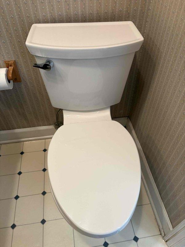 Replaced failed American Standard 4215A flush valve assembly on toilet after previous rebuild from July catastrophically failed. Removed deteriorated valve components showing severe corrosion and wear, installed new factory replacement valve with fresh gaskets and seals. Tested flush mechanism for proper operation and verified no leaks at tank-to-bowl connection. Toilet restored to full working condition.