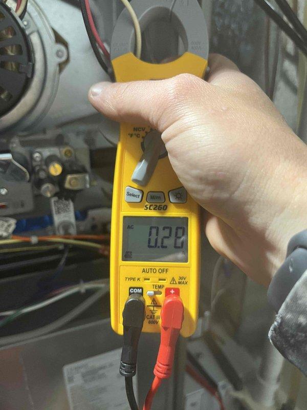 Completed heating maintenance club visit on air handler system. Performed electrical diagnostics using clamp meter, recording amperage draw of 0.28 amps on system components. Measured static pressure differential across system using dual port manometer, with readings of 186 and 180, indicating proper airflow through the unit. All measurements within manufacturer specifications, confirming system operating efficiently for the heating season.