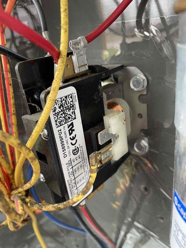 Completed scheduled cooling maintenance member visit. Inspected HVAC electrical control panel, verifying relay components, wire connections, and terminal integrity across all circuits. Documented condensate drain line assembly with protective caps and fittings in proper configuration.