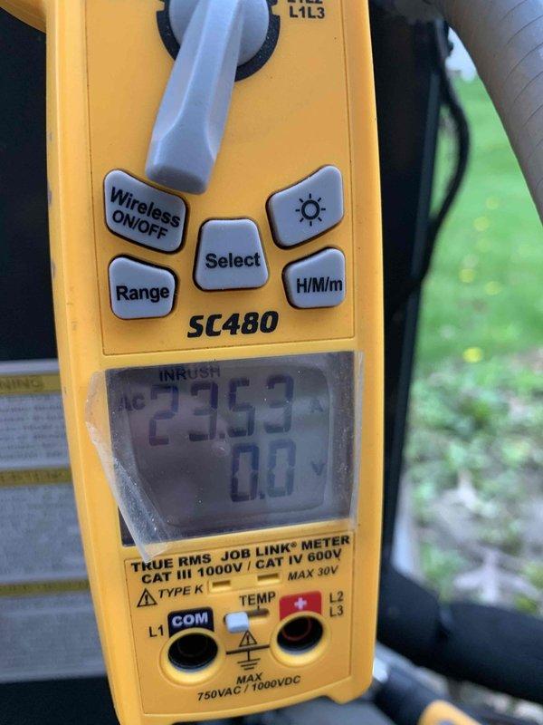 Completed routine HVAC club maintenance visit on both furnace and air conditioning system. Inspected dual-run capacitor rated at 45/5 µF 440V, confirmed proper operation and no signs of bulging or deterioration, and verified electrical connections secure with proper wire terminations. Measured system amperage readings using calibrated multimeter, recording 23.53 amps with zero inrush current detected, indicating normal compressor operation within manufacturer specifications.