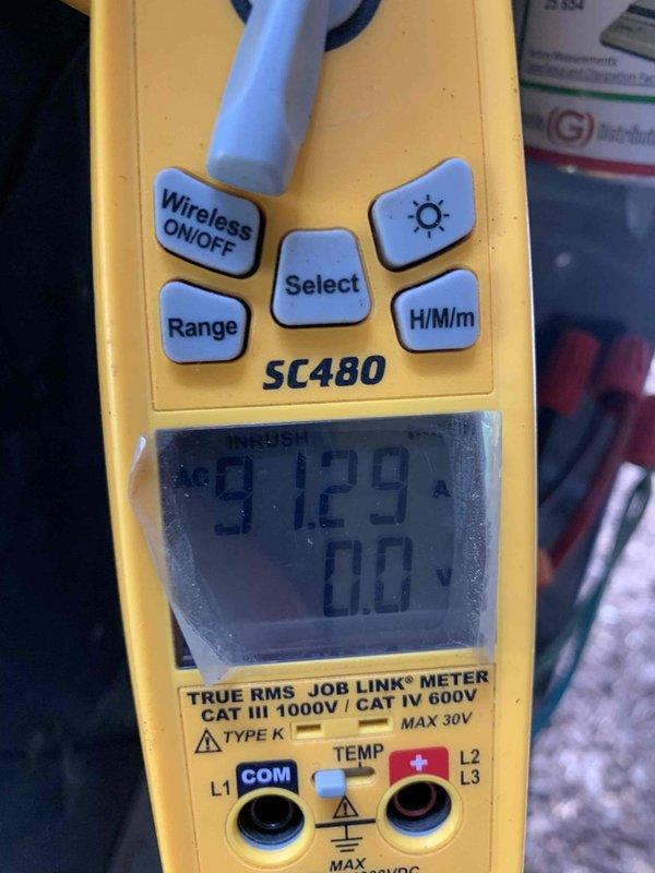 Completed final prepaid club maintenance visit on air handler system. Performed comprehensive electrical diagnostics using Fieldpiece SC480 True RMS meter, recording voltage readings of 132V and inrush current measurements of 97.29A to verify proper system operation and component functionality. All electrical parameters within manufacturer specifications, system operating normally.
