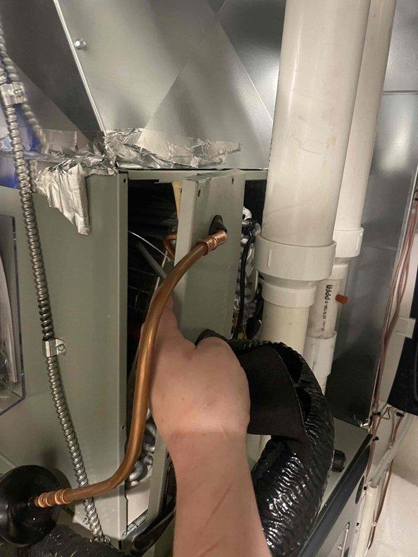 Completed cooling maintenance for club member on air handler system. Performed thorough inspection of refrigerant line connections, ductwork, and condensate drainage system. Verified proper operation of furnace unit, checked all PVC venting and drain lines for proper routing and secure connections, and confirmed system controls functioning correctly.