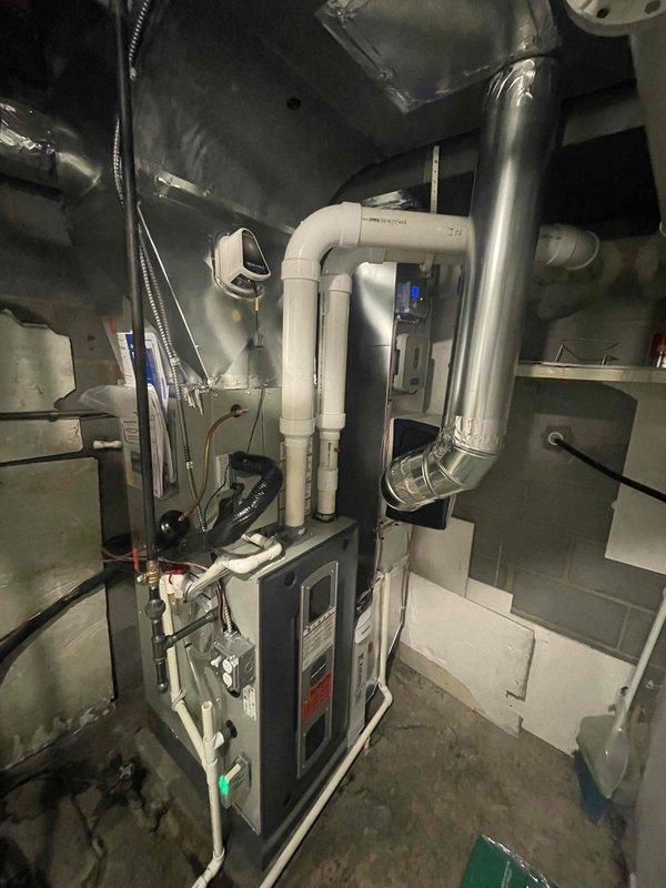 Completed cooling maintenance for club member on air handler system. Performed thorough inspection of refrigerant line connections, ductwork, and condensate drainage system. Verified proper operation of furnace unit, checked all PVC venting and drain lines for proper routing and secure connections, and confirmed system controls functioning correctly.