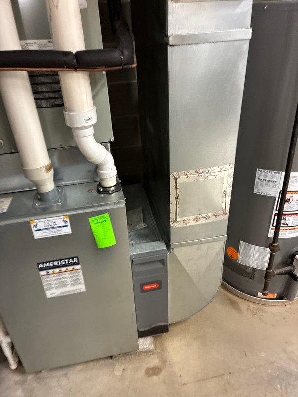 Responded to no cooling call on Trane outdoor unit and Ameristar air handler system. Upon arrival, confirmed air handler blower motor operational but outdoor condenser fan motor not running. Diagnosed failed condenser fan motor preventing proper heat rejection from outdoor unit, causing system inability to cool effectively.