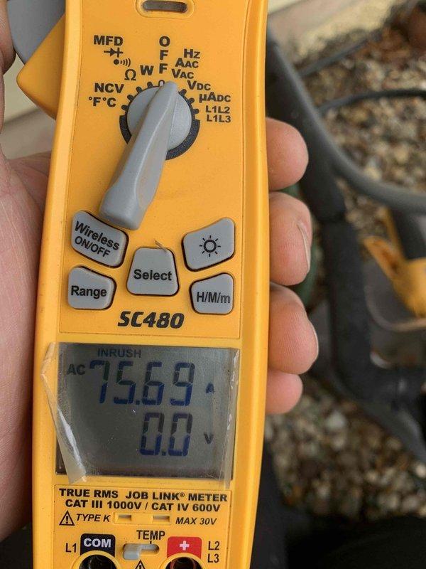 Completed cooling maintenance club member visit on air handler system. Performed electrical diagnostics using clamp meter, recording inrush amperage reading of 75.69 amps to verify compressor starting characteristics and confirm proper electrical operation. Inspected and serviced contactor assembly, examining contact points, terminal connections, and wiring integrity. All components found operating within normal parameters and system tested successfully upon completion of maintenance procedures.