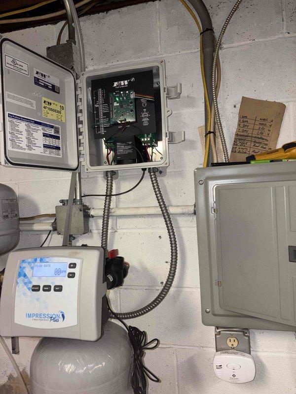 Diagnosed faulty pressure switch (transducer) on water treatment system control panel. Coordinated with manufacturer for replacement part delivery. Upon receipt of replacement transducer, returned to site and completed installation, followed by full system calibration and equipment setup to restore proper operation. Work included troubleshooting electronic control components, replacing defective pressure transducer, and verifying all flow mode functions and control settings for optimal system performance.