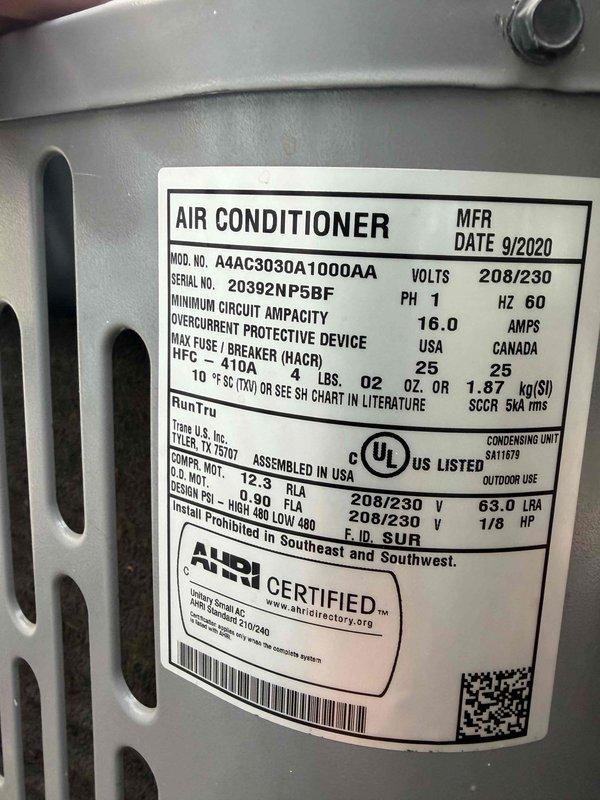 Performed routine cooling maintenance member visit on Trane air conditioning unit (Model A4AC3030A1000AA, Serial 20392NP5BF). Conducted system diagnostics using digital multimeter, recording temperature reading of 497°F at measured component. Completed standard inspection of 3-ton AC unit manufactured September 2020, verified unit specifications including 208/230V single-phase operation at 16.0 amps with R-410A refrigerant charge of 25 oz.