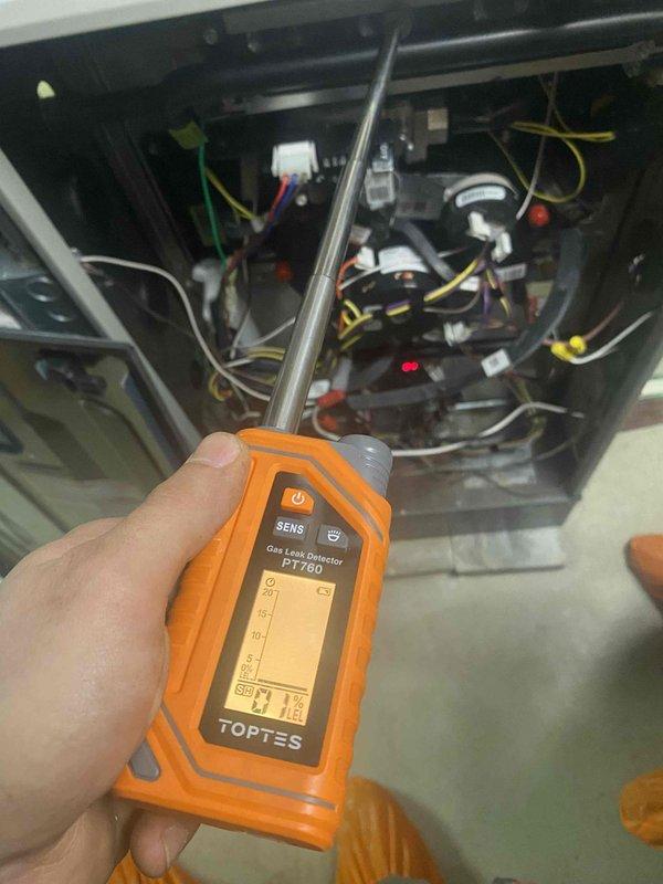 Responded to gas odor complaint near furnace. Performed comprehensive gas leak detection using calibrated electronic detector throughout unit interior, testing all gas connections, valves, and supply lines. Inspected burner compartment, heat exchanger, gas valve assembly, and all associated fittings while monitoring for combustible gas presence with specialized detection equipment.