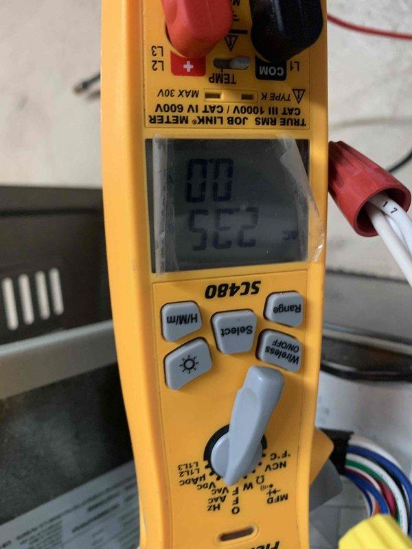 Completed final prepaid club maintenance visit on air handler system. Performed electrical diagnostics using digital multimeter, recording voltage readings of 562V and inrush current measurement of 67.15A to verify proper system operation and electrical performance. Unit operating within normal parameters upon completion of inspection.