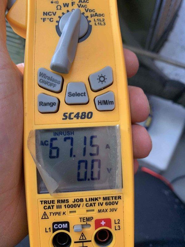 Completed final prepaid club maintenance visit on air handler system. Performed electrical diagnostics using digital multimeter, recording voltage readings of 562V and inrush current measurement of 67.15A to verify proper system operation and electrical performance. Unit operating within normal parameters upon completion of inspection.