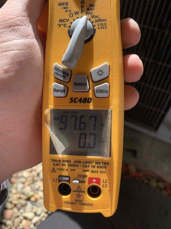 Completed routine AC tune-up on 3-year-old cooling system. Performed comprehensive system diagnostics using digital multimeter to verify electrical performance and measure operating parameters. System tested within normal operating specifications with capacitor reading 476.7 MFD and voltage reading 49.95V. All components functioning properly with no deficiencies noted at time of service.