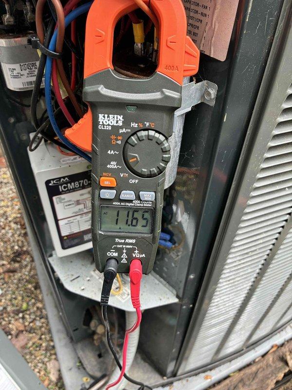 Completed routine cooling maintenance member visit on HVAC system. Performed diagnostic testing including humidity measurements showing 55.99% relative humidity at 63.8°F ambient conditions and electrical readings indicating 11.65 amp draw on system components. All measurements within normal operating parameters for seasonal cooling operation.
