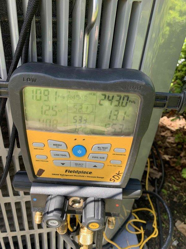 Performed diagnostic site visit on dual-zone HVAC system. Replaced thermostat and configured sensor settings, addressing outdoor temperature sensor issue by setting unit to unrestricted mode. Conducted refrigerant system analysis using manifold gauges, recording operating pressures and temperatures to verify proper system performance.