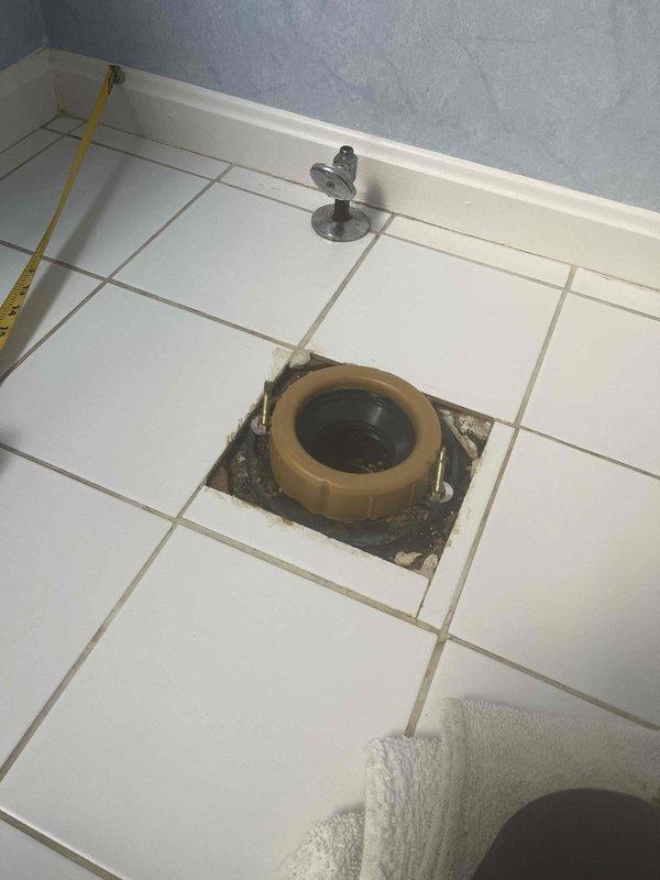Completed toilet installation in residential bathroom, including removal of existing fixture, preparation of flange area, and mounting of new water closet. Sediment filter replacement is scheduled for follow-up visit with appropriate replacement parts, and shower head cleaning will be performed during the same service call.