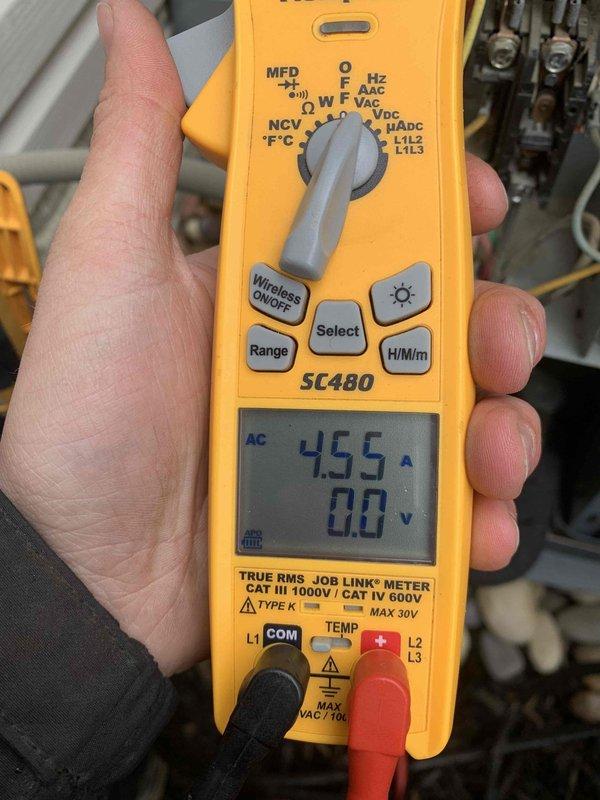 Completed cooling maintenance club visit on air handler unit. Performed electrical diagnostics using clamp meter, recording 45.5 amp draw on system components, and inspected electrical relay connectors for proper contact integrity and wear patterns.