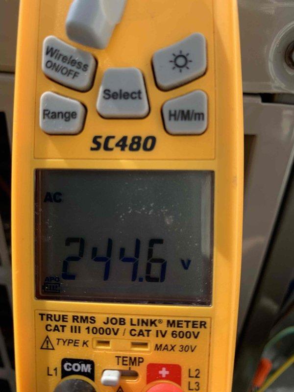 Completed cooling maintenance club visit on air handling unit. Performed comprehensive inspection of HVAC ductwork system and internal components, including examination of refrigerant line set and condensate piping. Verified proper installation and condition of metal ductwork and plenum assembly. Conducted electrical diagnostics using digital multimeter, recording voltage reading of 244.6V AC to confirm proper power supply to unit. All refrigerant lines showed normal condensation patterns indicating system is operating within specifications. No issues identified during inspection; unit operating efficiently.