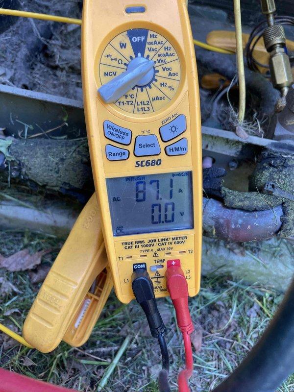 Completed routine cooling maintenance member visit on residential HVAC system. Performed comprehensive system diagnostics using digital multimeter to verify electrical performance and amperage draw. Measured operating current at 128 amps and confirmed voltage readings within manufacturer specifications. Conducted temperature differential testing, recording 87.1°F at outdoor unit. Inspected refrigerant lines, copper piping, and condensing unit components for proper operation and integrity. All measurements indicated system operating within normal parameters. No deficiencies noted. Unit left in proper working condition.