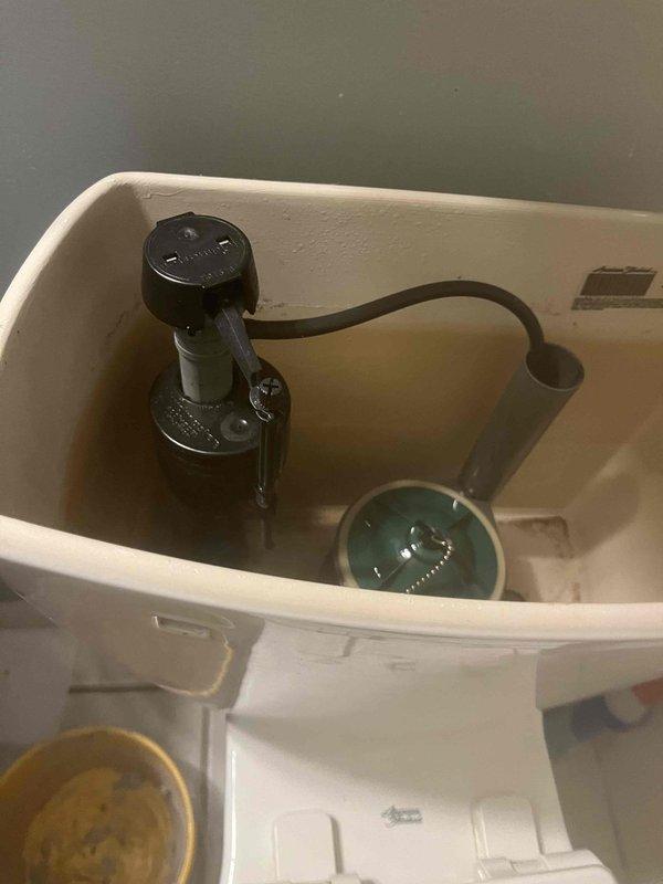 Replaced complete internal toilet tank components including flush valve assembly and fill valve mechanism. Removed deteriorated flapper, flush valve, and fill valve system. Installed new black flush valve assembly with overflow tube and flexible refill tube on left side of tank. Installed new fill valve with float mechanism and adjusted water level settings. Connected new flapper chain to flush lever and tested flush cycle for proper operation. Verified all connections for leaks and confirmed tank refills to appropriate water level after flushing.