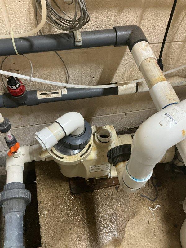 Responded to commercial water leak caused by failed pool pump assembly. Replaced defective pump unit and inspected associated PVC plumbing connections for integrity. System tested and confirmed operational with no active leaks upon completion.