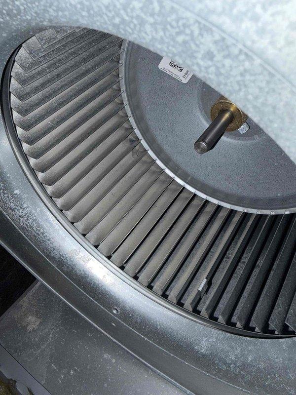 Completed routine cooling maintenance and inspection on HVAC system. Performed thorough examination of air handler unit including blower assembly, verified proper operation of all components, and documented equipment specifications and model information. System found to be operating within normal parameters with blower wheel showing typical dust accumulation from regular use.
