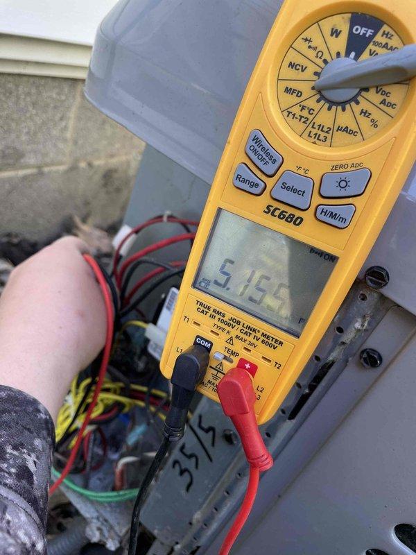 Performed diagnostic inspection of air conditioning system following recent flood event to assess potential water damage. Using digital multimeter, tested electrical components and control board for proper voltage readings and functionality. All electrical connections, control board circuitry, and system components were evaluated and found to be operating within normal parameters with no flood-related damage detected.