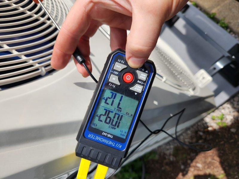 Returned to property to perform system start-up on recently installed mini-split system and collect final payment. Connected Fieldpiece digital manifold gauges to service ports and verified refrigerant pressures and system temperatures were within manufacturer specifications. Measured supply and return air temperatures using digital thermometer to confirm proper system operation and cooling capacity. All diagnostic readings indicated system was functioning correctly with appropriate temperature differential across the indoor unit. Start-up procedure completed successfully with equipment operating as designed.