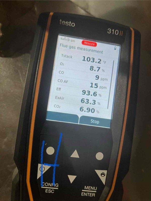 Completed furnace installation and performed commissioning tests to verify proper operation. Combustion analysis confirmed system efficiency at 93.6% with safe CO levels at 9 ppm and stack temperature of 103.2°F, while supply air temperature measured 75.5°F, indicating unit is operating within manufacturer specifications.