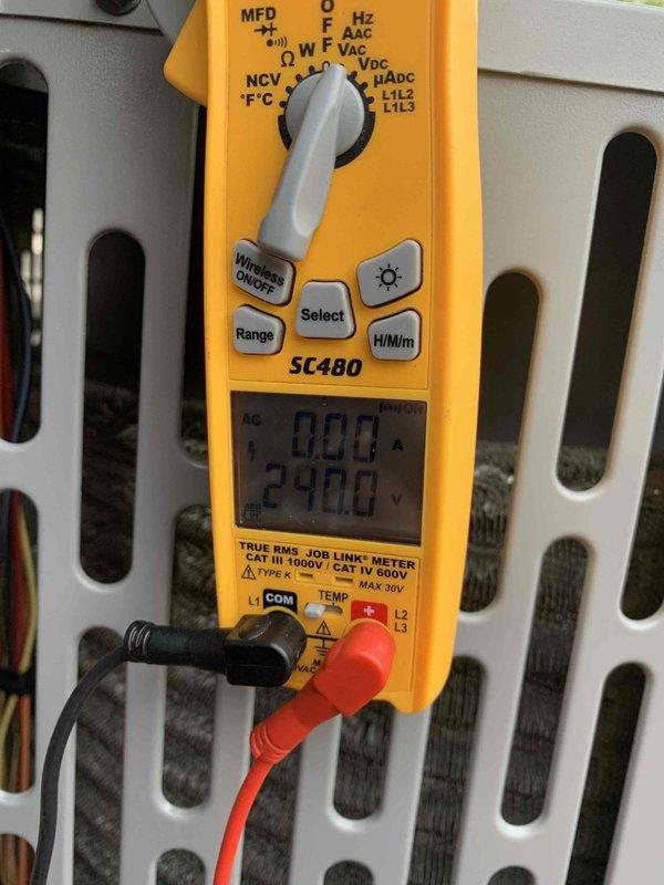 Completed cooling maintenance club member visit. Performed system diagnostics and electrical measurements on HVAC equipment, recording voltage readings of 240V using calibrated digital multimeter. Inspected basement mechanical room including dehumidifier unit operation and condensate pump assembly with discharge piping. All equipment operating within normal parameters and accessible for service.