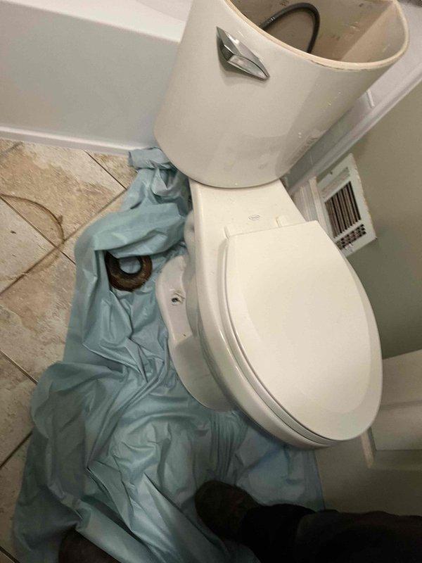 Completed toilet replacement in residential bathroom. Removed existing two-piece toilet fixture and installed new unit per customer request. Protected surrounding floor area with plastic sheeting during installation to prevent damage to wood-look plank flooring. Ensured proper sealing, secure mounting, and verified flush mechanism operation upon completion.