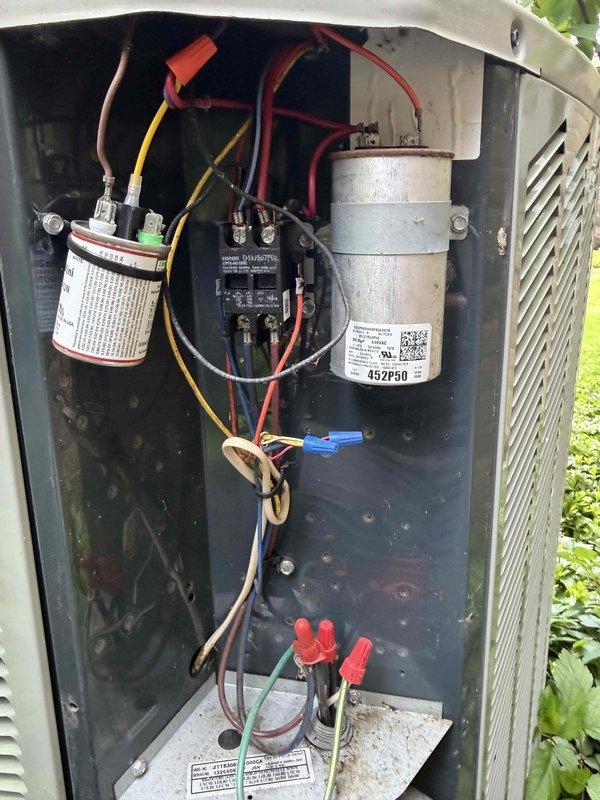 Completed routine cooling maintenance member visit on outdoor HVAC unit. Performed system inspection with access panel removed, verifying proper operation of electrical components including capacitor, contactor relay, and associated wiring connections. Documented supply air temperature reading of 85.3°F at ductwork using calibrated digital thermometer, confirming system performance within normal parameters.
