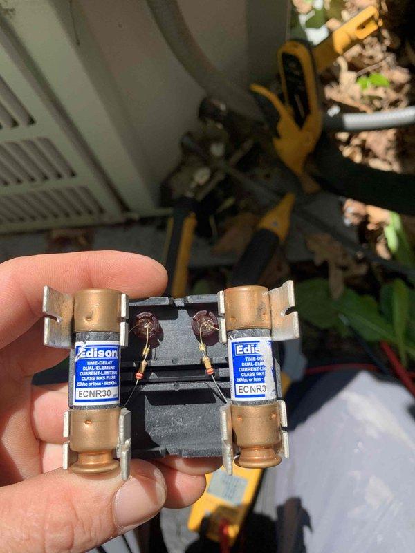Completed cooling maintenance as part of club membership plan renewal. Performed comprehensive system inspection of outdoor condensing unit, including examination of electrical components, capacitors, contactors, and wiring connections. Inspected dual Edison ECNR30 fuses in holder assembly, noting oxidized copper wire connections that were documented for monitoring. Verified proper operation of dual-run capacitor and contactor assembly. All electrical connections, terminal blocks, and safety devices were visually inspected and found functional. Unit operational upon completion of maintenance visit.