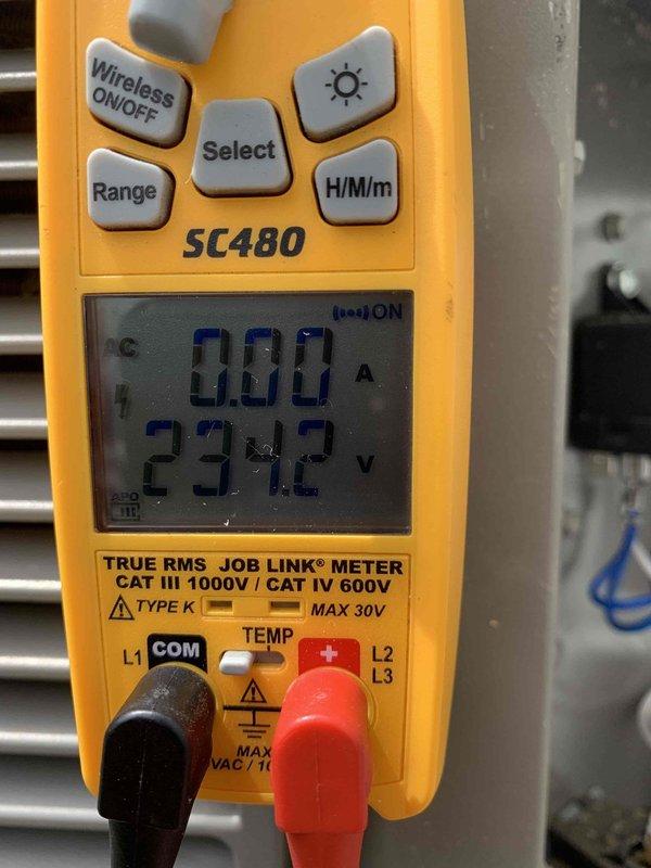Completed cooling maintenance on air handler unit as part of preventative maintenance program. Performed comprehensive electrical diagnostics using digital multimeter, recording voltage readings of 23.2V and amperage measurements showing 0.00A during initial testing phase. Conducted secondary measurements which indicated 452 CFM airflow and 60Hz electrical frequency, confirming proper system operation and power supply stability. Inspected HVAC equipment components, verified electrical connections, and documented all readings for maintenance records. Unit operating within normal parameters with no issues identified during inspection.