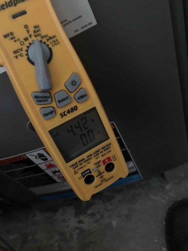 Completed cooling maintenance on air handler unit as part of preventative maintenance program. Performed comprehensive electrical diagnostics using digital multimeter, recording voltage readings of 23.2V and amperage measurements showing 0.00A during initial testing phase. Conducted secondary measurements which indicated 452 CFM airflow and 60Hz electrical frequency, confirming proper system operation and power supply stability. Inspected HVAC equipment components, verified electrical connections, and documented all readings for maintenance records. Unit operating within normal parameters with no issues identified during inspection.