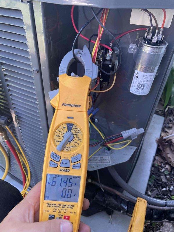 Completed cooling maintenance club member visit on air handler system. Performed standard preventive maintenance including air filter inspection and replacement with new pleated filter. Conducted electrical diagnostics using clamp meter, verifying system voltage and amperage readings. Inspected capacitor, contactor, and associated wiring connections for proper operation. Verified condensate drain line functionality and checked ductwork insulation integrity. All components operating within normal parameters upon completion of maintenance service.