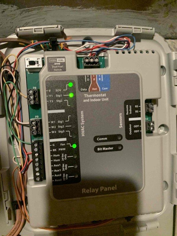 Responded to no-cooling call on recently installed system that was previously serviced in March for refrigerant charge. Upon arrival, inspected Goodman packaged air furnace unit (Model S8X2B080M4PSCAB) and found system completely non-operational. Examined relay panel and thermostat control board, noting proper LED indicator status and secure wire terminations at all connection points including Y1, Y2, W1, W2, G, and auxiliary terminals. Verified communication wiring, sensor connections, and outdoor unit interface were intact. Diagnosed system failure, performed necessary repairs to restore cooling operation, and confirmed unit cycling properly with all components functioning as designed.