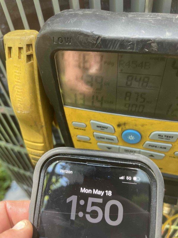 Completed installation of 17 SEER air conditioning system with matching evaporator coil. Unit was properly leveled and system measurements were verified using digital testing equipment to ensure optimal performance and efficiency.