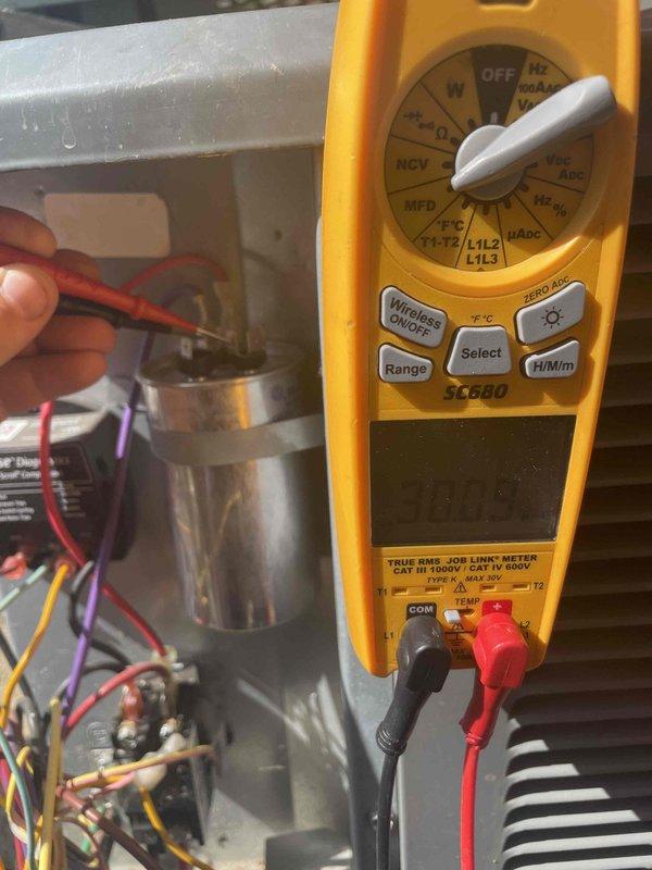 Responded to service call for weak air conditioning performance. Performed diagnostic testing of electrical components using digital multimeter to measure voltage and capacitance levels. Tested capacitor and associated wiring connections to identify cause of reduced system efficiency.