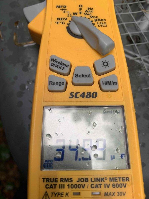 Completed routine cooling maintenance member visit on residential air handling system. Performed standard diagnostic testing using digital multimeter, recording temperature readings of 97.9°F at the outdoor condensing unit. Inspected exterior equipment showing normal weathering, verified electrical connections at disconnect box, and confirmed unit operational status per maintenance agreement specifications.