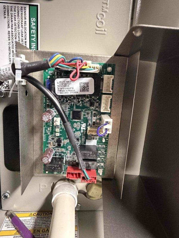 Responded to no cooling call on newer system where indoor fan was operating but compressor failed to energize. Diagnosed and repaired faulty wire connection at control board that was preventing compressor contactor from receiving proper signal. Verified all low voltage wiring connections, secured loose wire nuts, and tested system operation to confirm compressor now running and unit cooling properly.