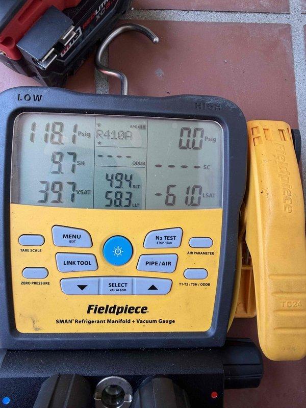 Responded to no cooling complaint on 7-year-old mini-split system. Upon arrival, utilized Fieldpiece SMAN refrigerant manifold to diagnose system pressures and temperatures, confirming low refrigerant charge indicated by abnormal subcooling and superheat readings on R410A system. System serviced and refrigerant levels restored to manufacturer specifications, restoring proper cooling operation.