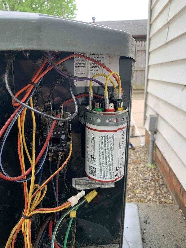 Completed cooling maintenance inspection on outdoor HVAC unit. Inspected electrical components including capacitor, contactor, and wiring connections; all components found in good operating condition. Verified proper function of time-delay dual-element fuses (Edison ECNR30 Class RK5). Customer's maintenance agreement requires renewal.