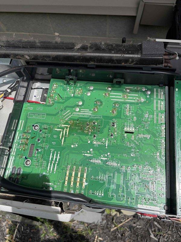 Responded to no cooling complaint on HVAC system less than 10 years old. Upon arrival, found unit producing only moderately cool air with thermostat display functioning normally. Inspection revealed severely restricted airflow due to heavily clogged air filter and debris accumulation on evaporator coil. Removed and replaced dirty filter, cleaned evaporator coil assembly, and accessed control board for diagnostic testing. Connected manifold gauges to service ports on condensing unit to check refrigerant pressures and system performance. Verified proper refrigerant charge levels and confirmed no ice formation on coil after cleaning. System tested and restored to normal cooling operation with adequate airflow and proper temperature differential across coil.