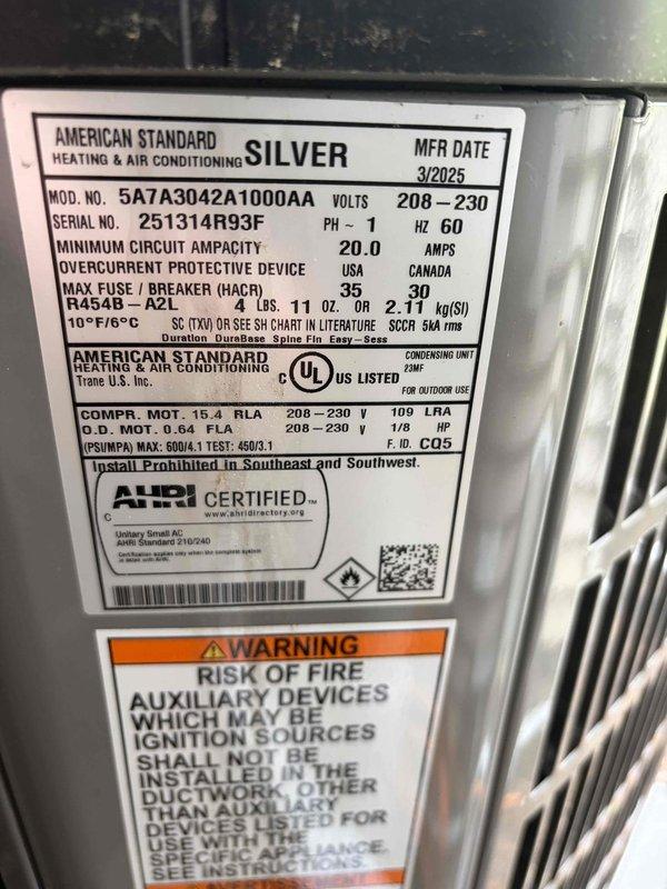 Performed scheduled cooling maintenance on American Standard SILVER model 5A7A3042A1000AA heat pump system manufactured March 2025. Conducted comprehensive system inspection including verification of unit nameplate data, electrical specifications (208-230V, 60Hz, 20.0A minimum circuit ampacity), and R-32 refrigerant charge (4 lbs 11 oz). Utilized digital multimeter to measure and verify electrical parameters, recording voltage reading of 5.13V during diagnostic testing. Inspected exterior panel condition, confirmed proper labeling and safety warnings intact. Completed all maintenance tasks per club membership plan requirements and prepared system for optimal performance during upcoming cooling season.