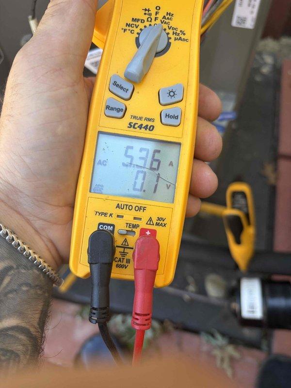 Completed routine cooling maintenance on HVAC system. Performed diagnostic testing and measurements using digital multimeter, recording voltage readings of 27.23V and current measurements of 536A with 0.1A resolution. System requires renewal of service agreement for continued maintenance coverage.