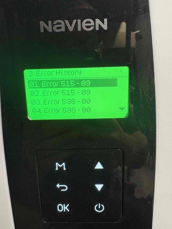 Returned to complete previously sold project on Navien tankless water heater system displaying multiple error codes in history (012-08, 515-09, 598-09). Inspected unit control panel and assessed appliance water supply connections with braided stainless steel flex lines and shutoff valves. Project scheduled for full-day completion upon arrival of materials.