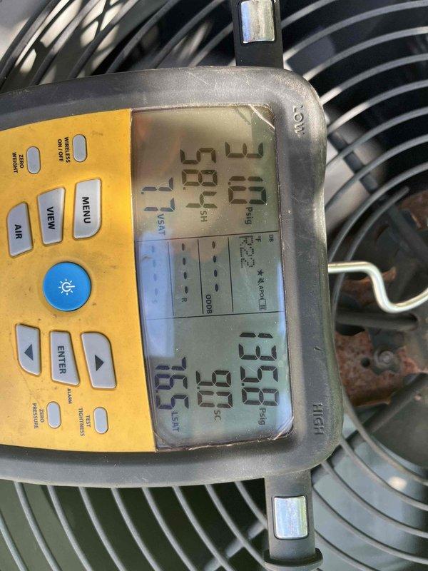 Responded to customer complaint of air conditioning system running continuously without adequate cooling. Performed diagnostic testing of the HVAC system, including temperature differential measurements at the outdoor condensing unit and supply air temperature readings at the air handler in the attic space. Measured supply air temperature of 63.2°F and recorded operational parameters including airflow and temperature split readings. Documented system performance with digital instrumentation showing temperature differentials and confirmed inadequate cooling capacity. System diagnostics indicated potential issues with refrigerant charge, airflow restriction, or component performance affecting overall cooling efficiency.