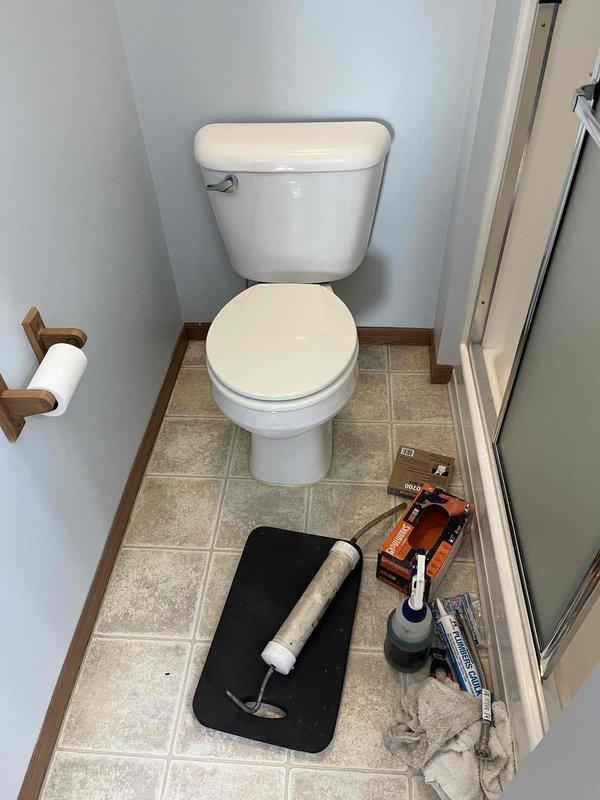 Replaced two toilets in residential bathroom. Removed existing fixtures and installed new white porcelain two-piece toilets with standard flush mechanisms. Connected water supply lines using braided stainless steel flex hoses to existing chrome angle stop valves. Verified proper sealing of wax rings, tested flush operation, and confirmed no leaks at all connection points upon completion.
