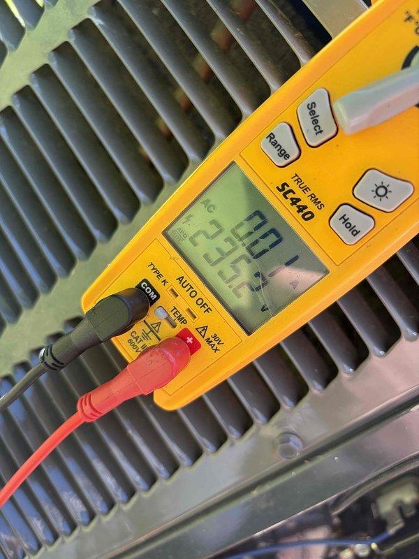 Completed routine cooling maintenance for club member. Performed comprehensive system diagnostics using digital multimeter to verify electrical readings and system performance. All measurements indicated proper operation with values within manufacturer specifications. Inspected condenser coil fins, which were found to be in good condition with proper spacing and structural integrity. Removed and inspected electrical disconnect component, confirming contacts and hardware were secure and functioning correctly. Reinstalled all components and verified system operation. Unit operating efficiently with no issues identified.