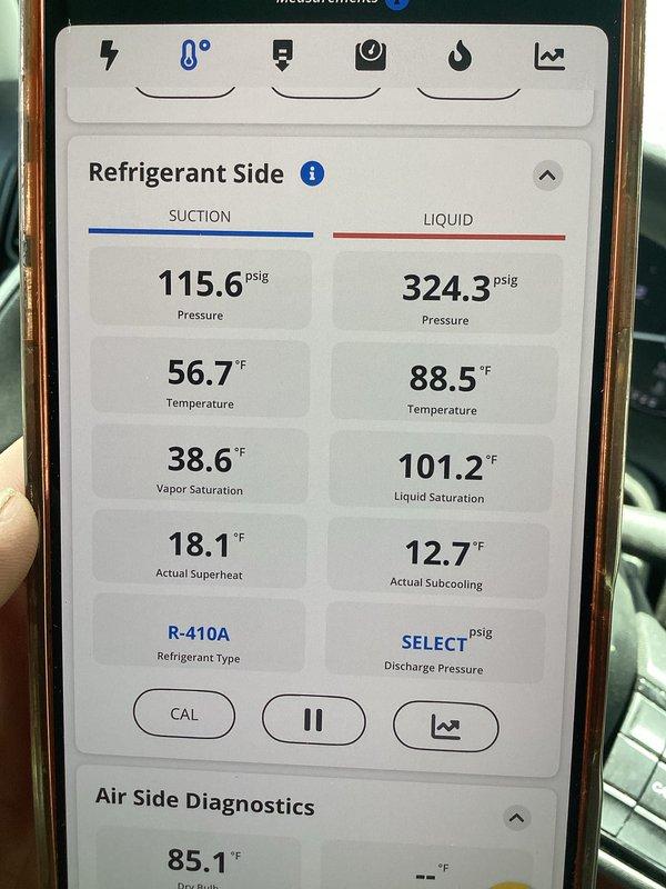 Completed cooling maintenance club visit on R-410A system. Performed comprehensive system diagnostics using digital manifold gauges and psychrometric measurements. Suction pressure measured at 115.6 psig with superheat at 18.1°F, indicating proper refrigerant charge. Liquid line pressure recorded at 324.3 psig with subcooling at 12.7°F, confirming optimal system performance. Air side measurements showed return air at 70.1°F dry bulb with 57.3% relative humidity. All operating parameters within manufacturer specifications. System operating efficiently with no deficiencies noted.